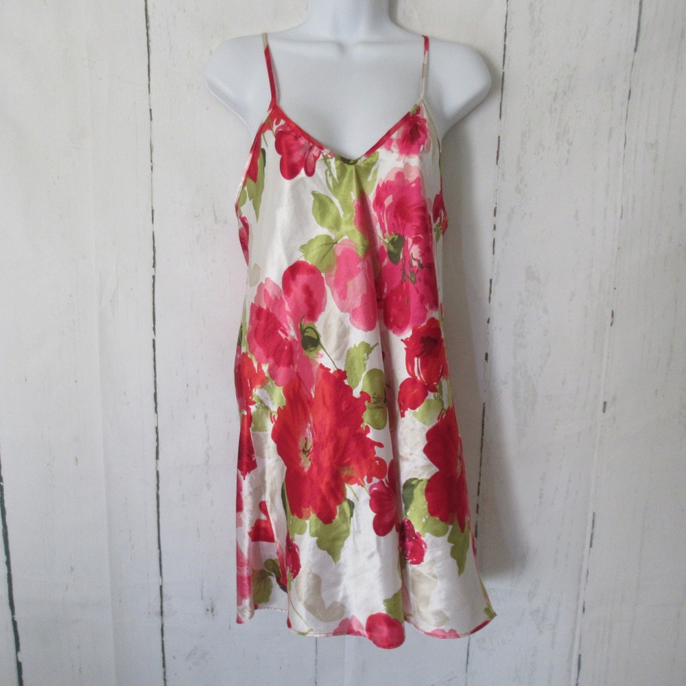 Vintage Nicolette New York Nightgown M Red Floral Satin Slip Dress V Neck